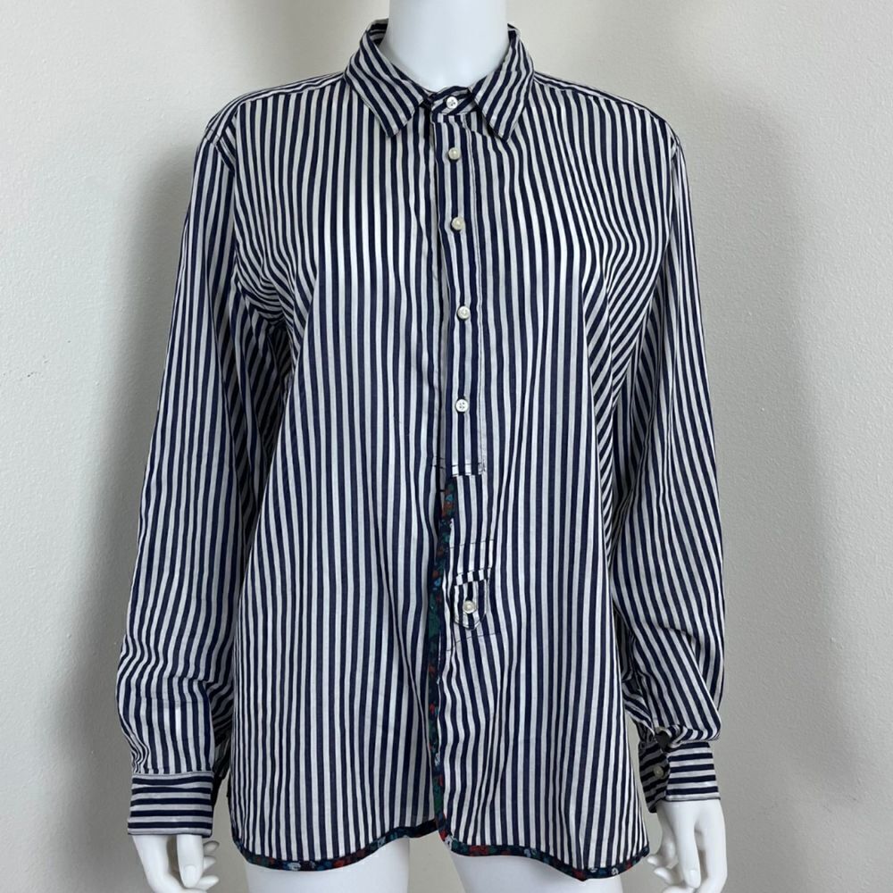 Holding Horses Women's Size M Button Stripped Floral Cotton Blouse Top Nautical - Picture 14 of 15